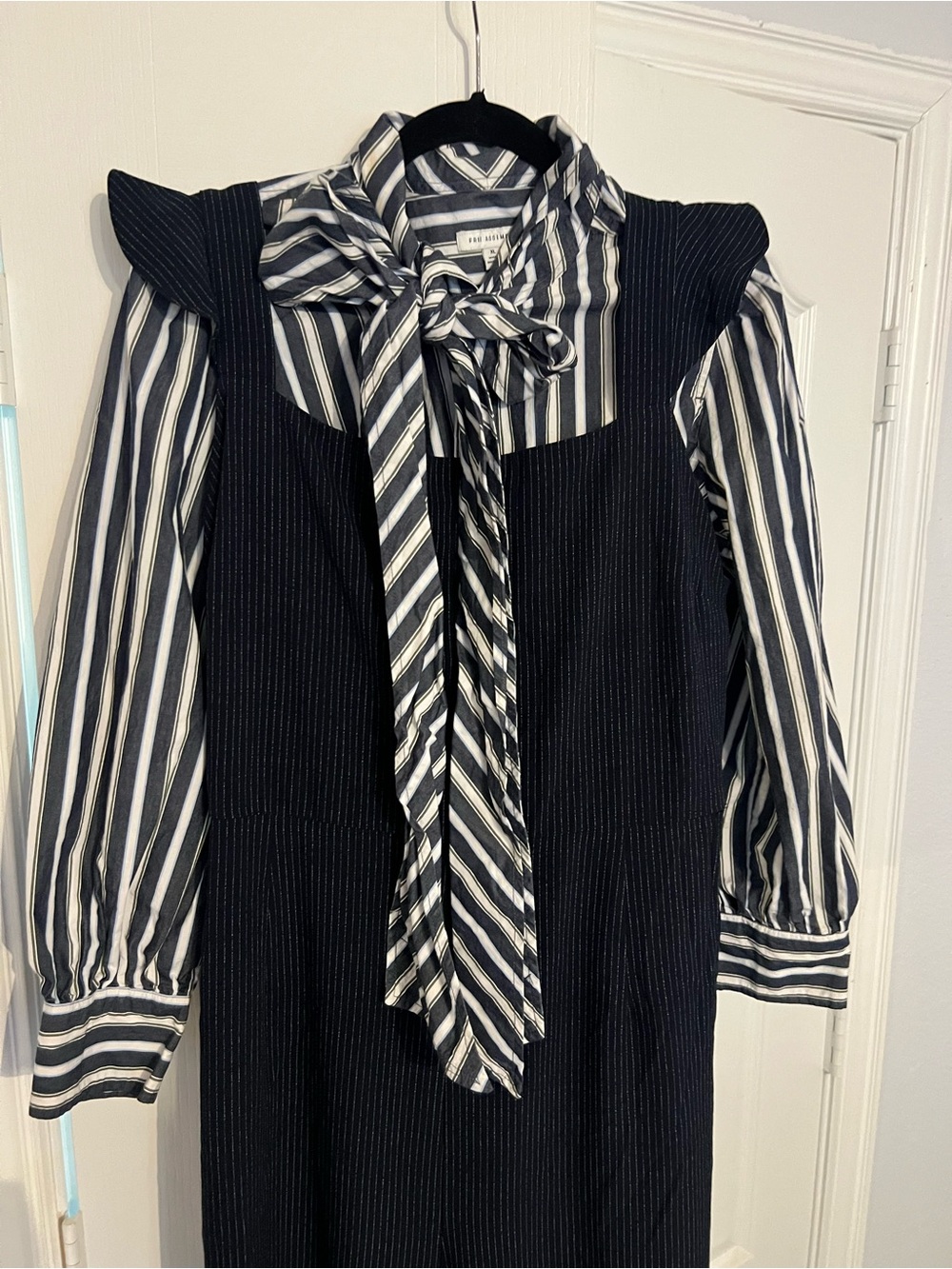 Navy Pinstripe Jumper with Striped Tie-Neck Blouse
